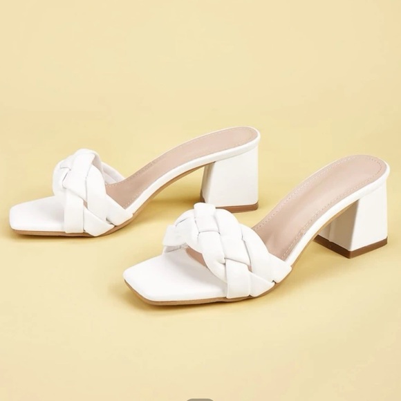NIB SHEIN White Braided Strap Block Heels Slide Mules Heels Size 6 - Picture 2 of 13